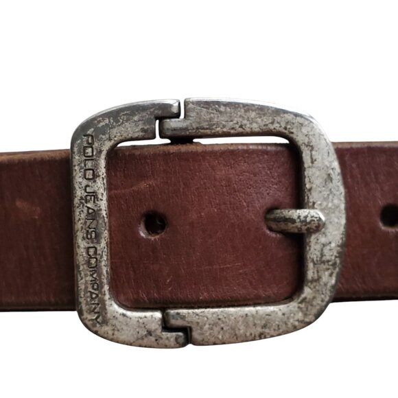 Vintage POLO Ralph Lauren Brown Leather Belt Split Buckle Design Engraved Sz M - Picture 4 of 11
